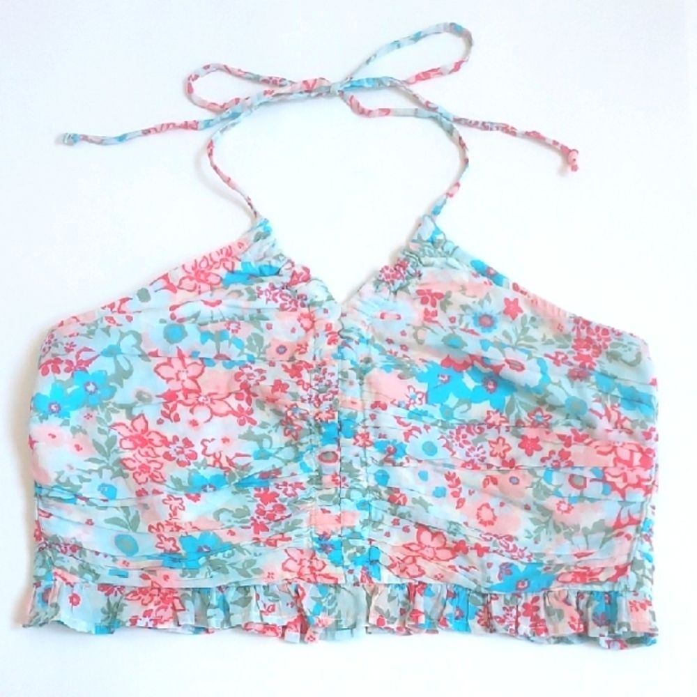 NWOT Ladies American Eagle Cotton Pink/Blue Floral Lined Halter Top Size Large